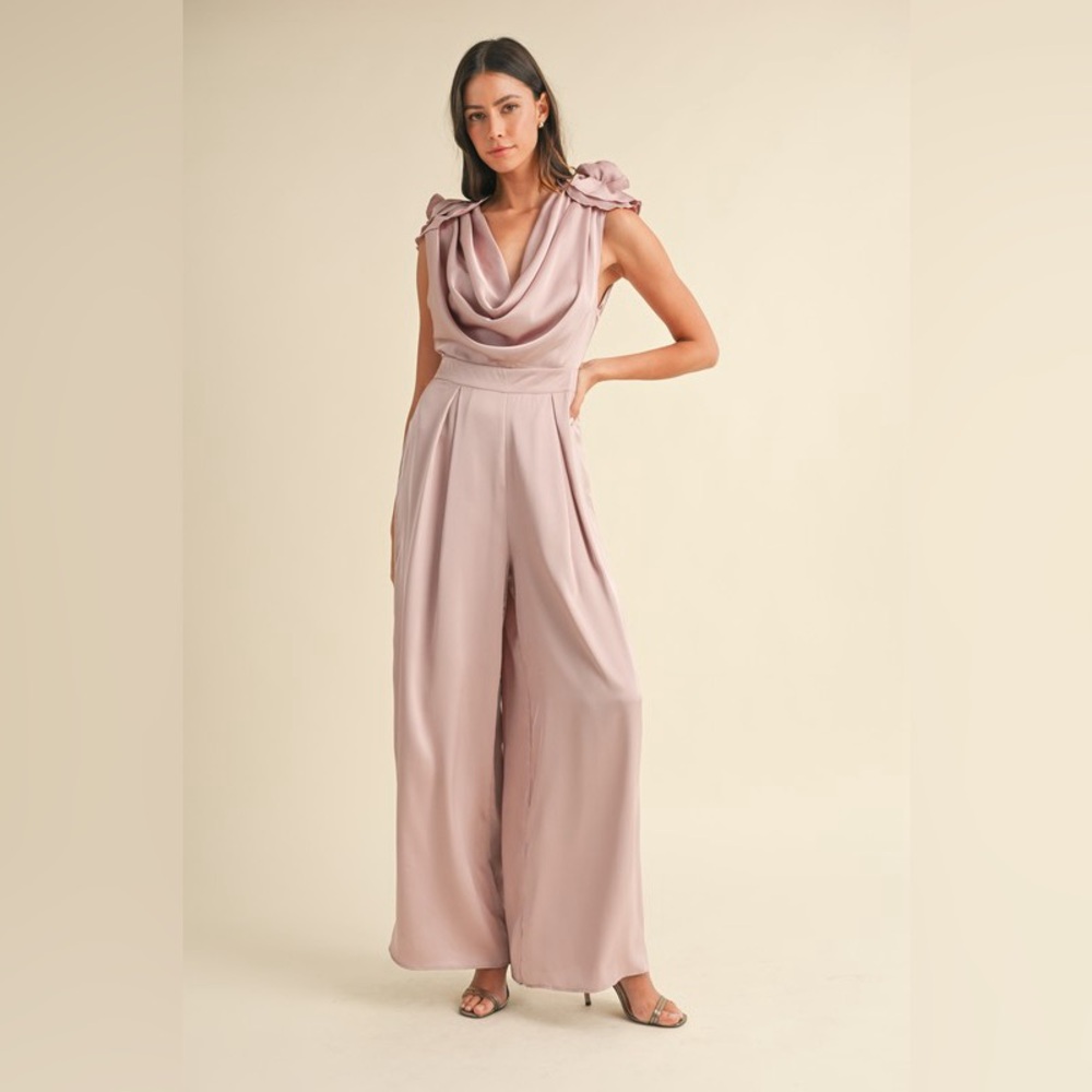 31. MABLE COST 🛑Rose Jumpsuit Plunge mauve Silky Cowl Neck Sleeveless romper - Picture 5 of 6